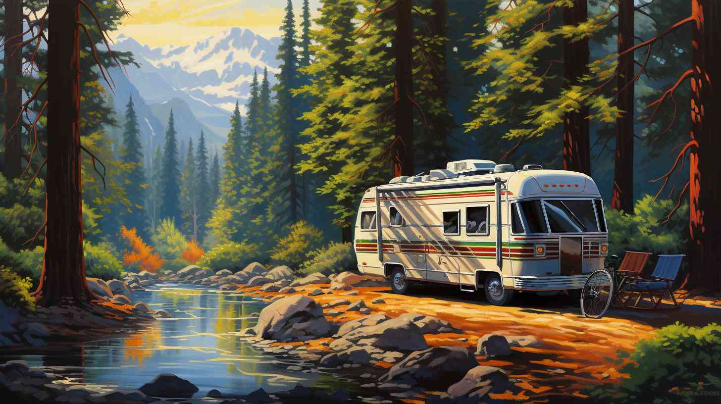 A breathtaking view of Californias diverse landscape, featuring towering redwood forests, picturesque coastal cliffs, and majestic mountain ranges. Nestled within this scenery, Camping World stores can be spotted, inviting exploration.