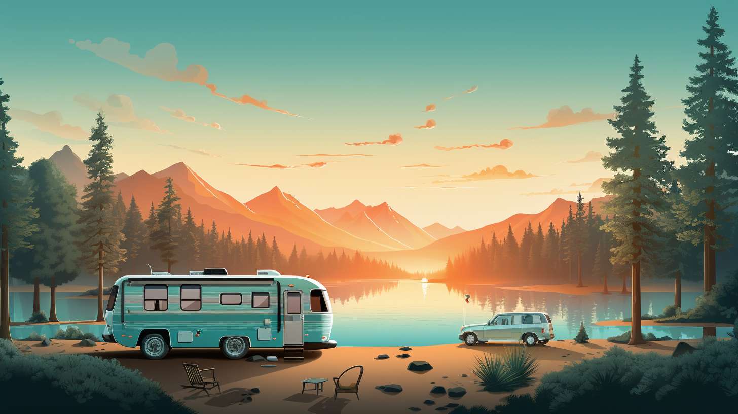 A diverse image showcasing California's natural beauty and varied terrain, featuring towering redwood forests, picturesque beaches, camping gear, and recreational vehicles.