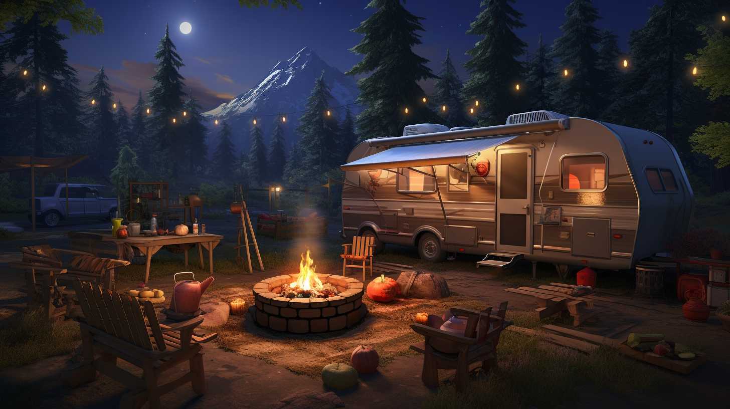 A serene campsite with a cozy bonfire, a well-stocked camping kitchenette, and a neat row of multiple propane tanks, highlighting their importance for extended camping trips.