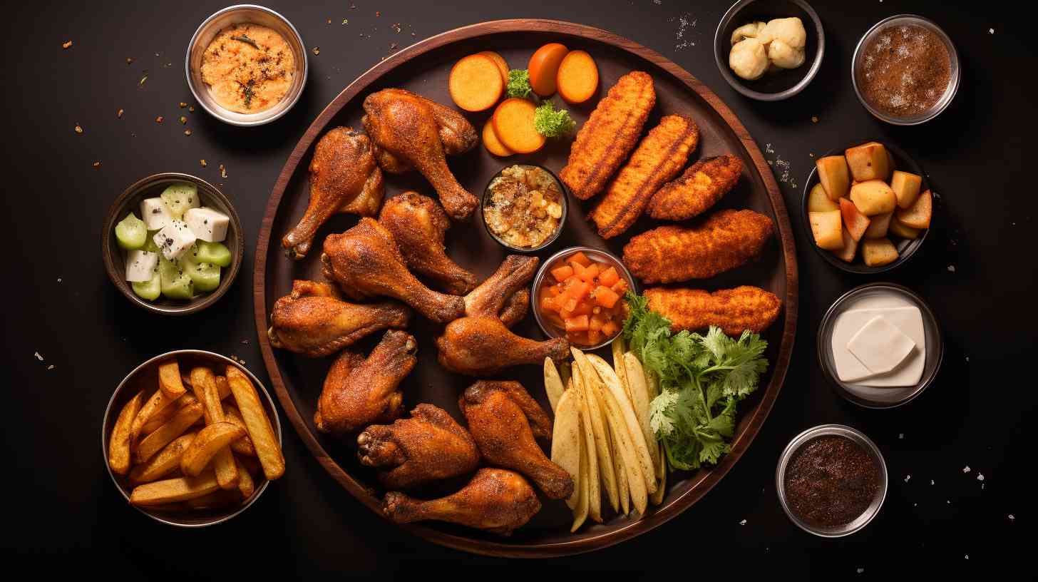 A 4-quart air fryer filled with crispy chicken wings, golden French fries, and perfectly grilled vegetables.