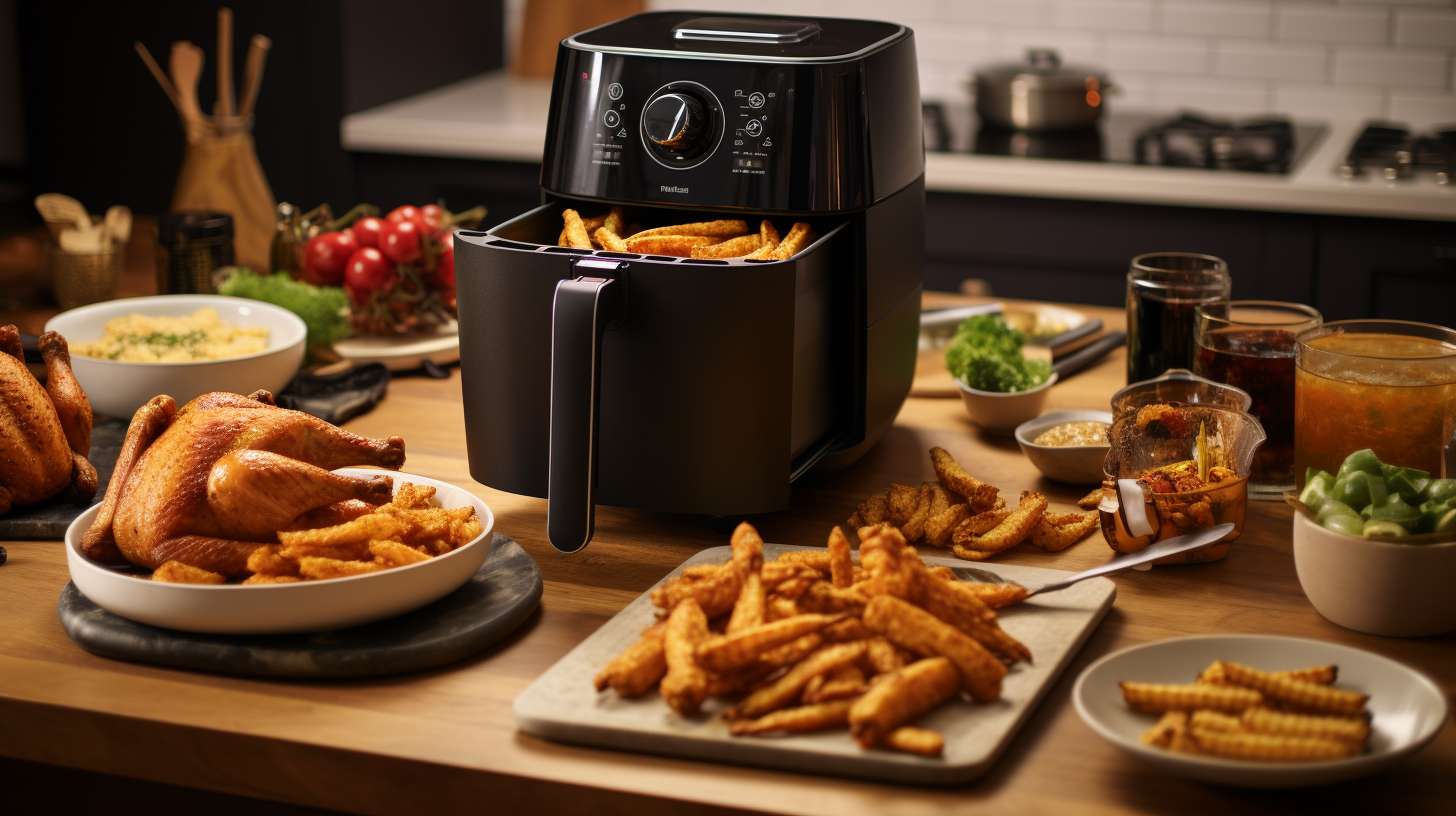 A 4 Qt air fryer filled with crispy golden french fries, juicy chicken wings, a sizzling steak, crunchy vegetable skewers, and a batch of homemade donuts, showcasing the versatility of this compact cooking appliance.