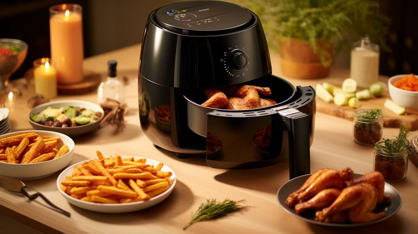 A 5 Qt air fryer filled with neatly arranged and stacked crispy fries, golden chicken wings, and roasted vegetables, showcasing efficient space utilization.