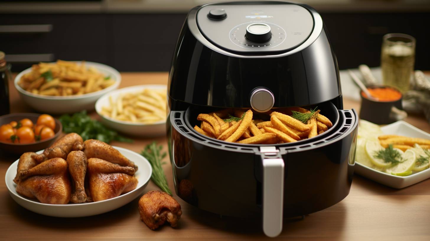 A 5-quart air fryer filled with crispy chicken wings, golden French fries, and perfectly roasted vegetables, showcasing its capacity and versatility.