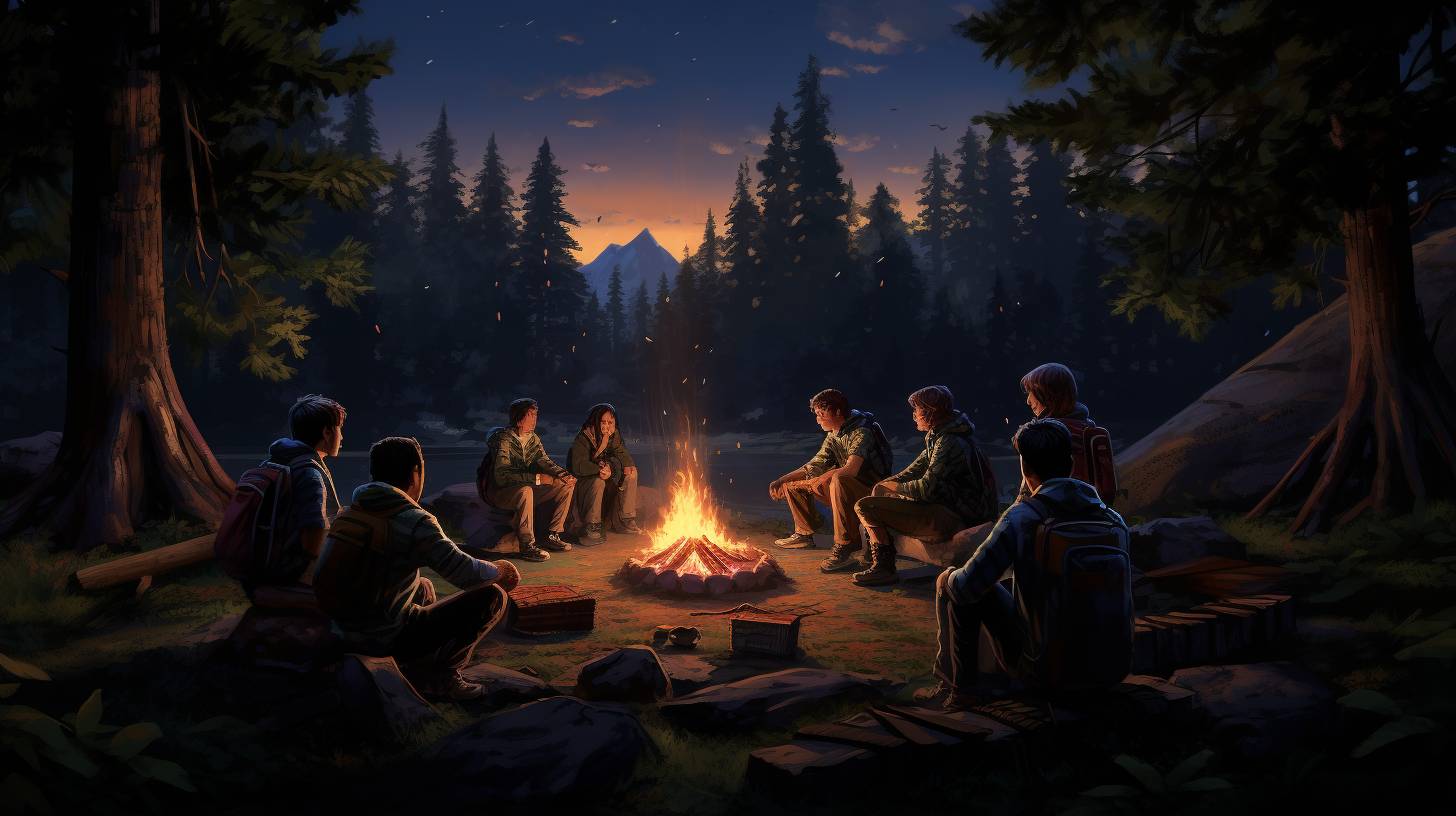 Boy Scouts gathered around a campfire under a starry sky, roasting marshmallows and sharing stories in a serene woodland scene at dusk.