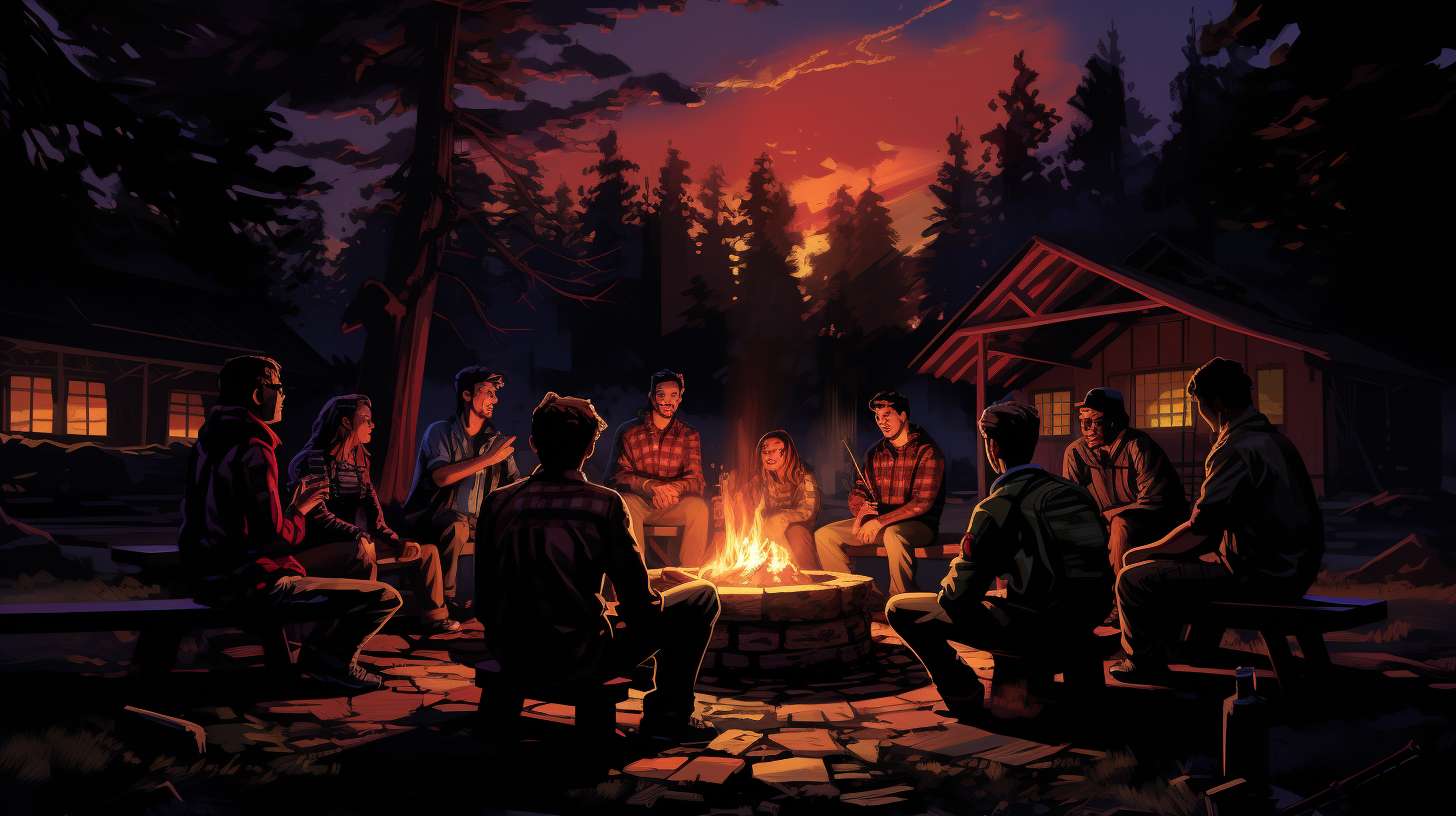 A group of seasoned camp counselors and directors gathered around a campfire, their faces illuminated by the warm glow, exuding wisdom and experience.