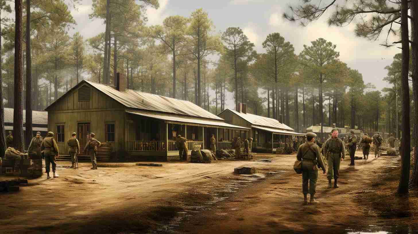 A vintage military uniform hanging on a weathered barracks wall, with the iconic Camp Lejeune landmark in the background, symbolizing the bases rich history and the passage of time.