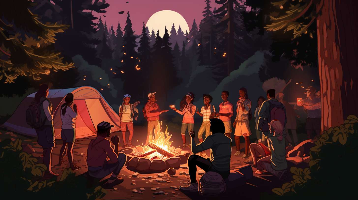 Diverse campers gathered around a blazing campfire, roasting marshmallows as a vigilant camp counselor stands nearby, ensuring their safety.