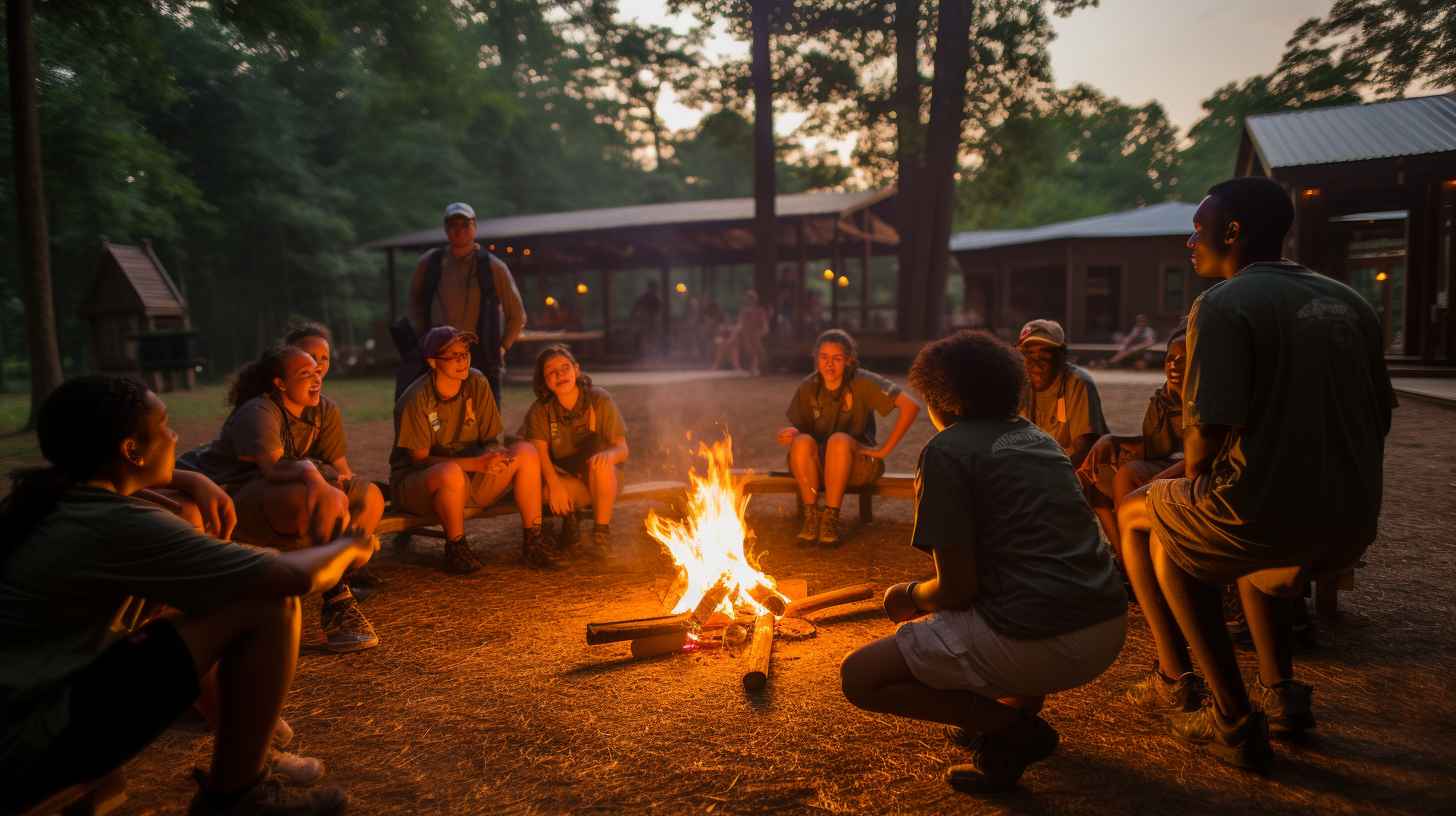 A group of campers and staff members gathered around a campfire, displaying confidence and readiness in their expressions, equipped with first aid kits and walkie-talkies for emergency preparedness at Camp America.