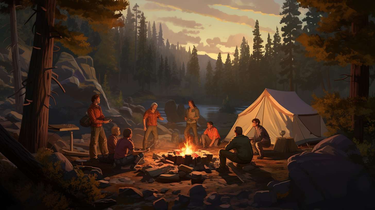 A group of friends setting up tents in a serene forest, working together to gather firewood and prepare food for a successful camping experience.