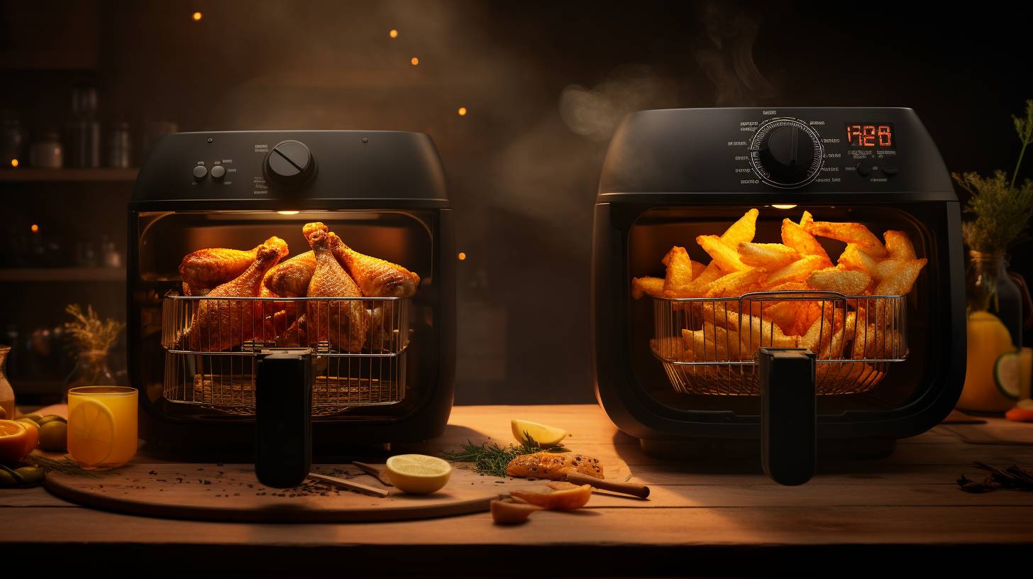 Split-screen comparison of two air fryers, one with shorter cooking time and higher temperature on the left, and the other with longer cooking time and lower temperature on the right.