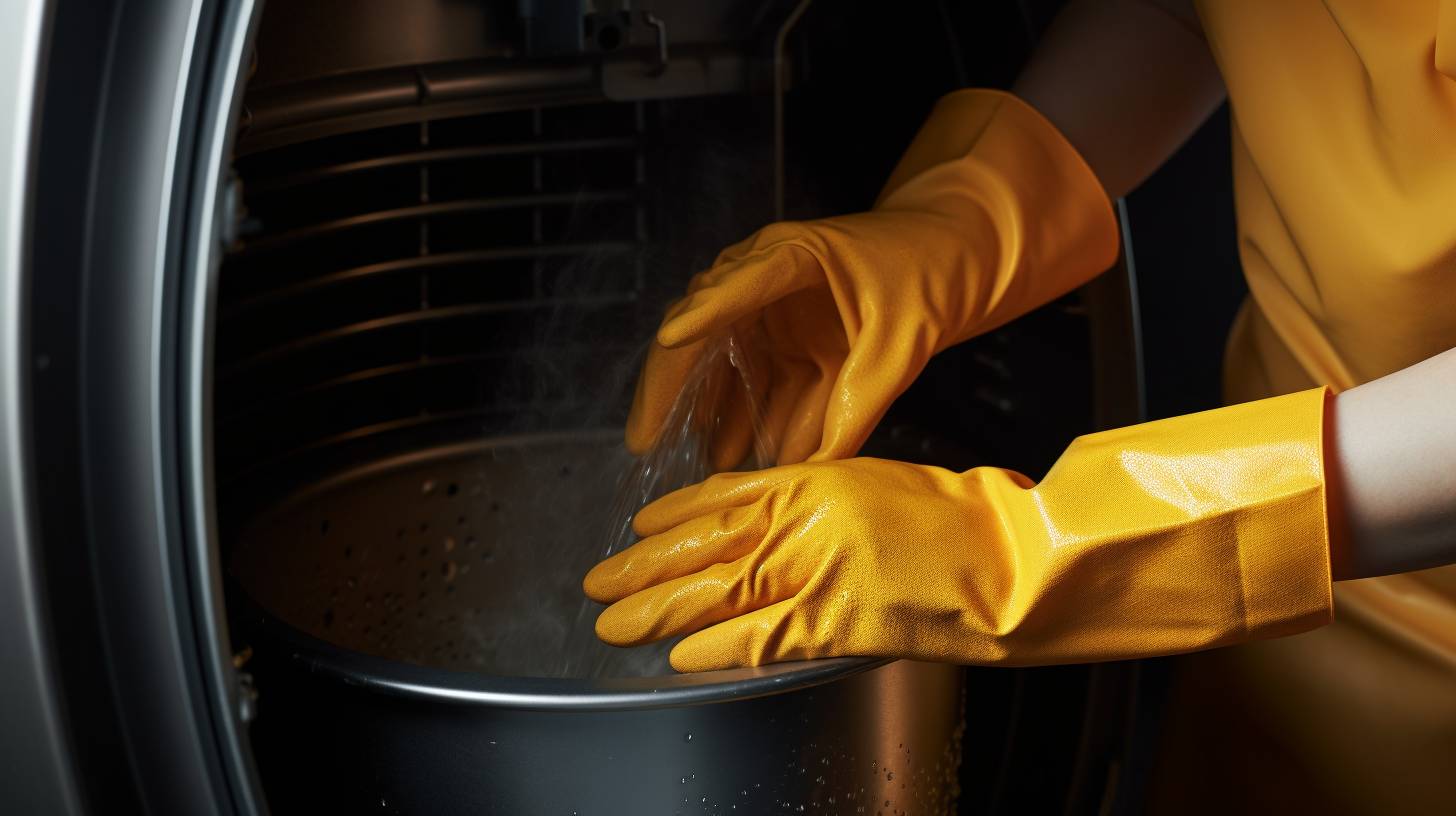 A person wearing rubber gloves gently wipes the interior of an air fryer with a damp cloth. They use a soft brush to remove any residue and then dry it with a cloth after adding water.