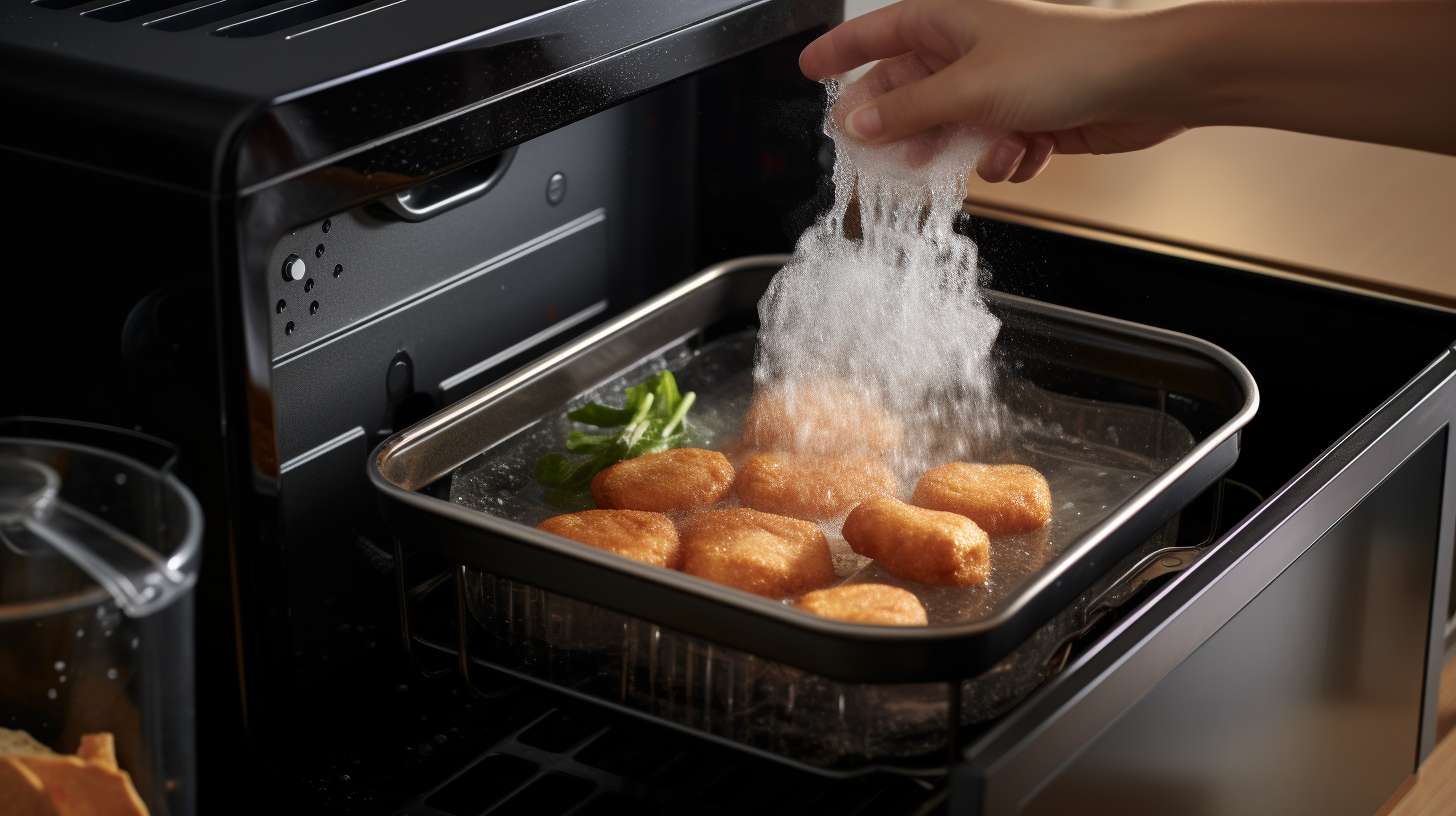 Hand pouring water from a jug into an air fryers removable tray, with steam rising and condensing on the fryers interior.