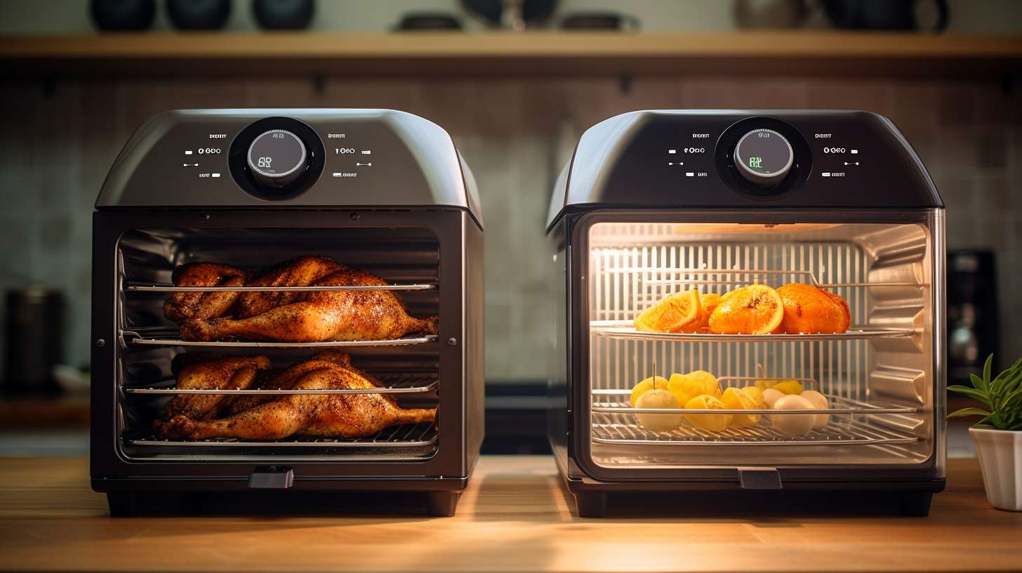 Side-by-side comparison of an air fryer and a convection oven, with arrows indicating adjustments in temperature and cooking time.