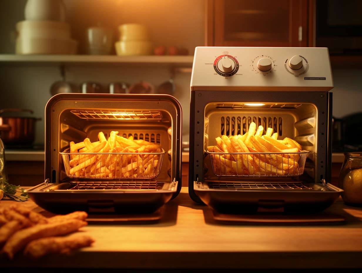 A split-screen comparison showing an air fryer with a basket of perfectly cooked fries on the left side, and a convection oven with a tray of golden-brown fries on the right side.
