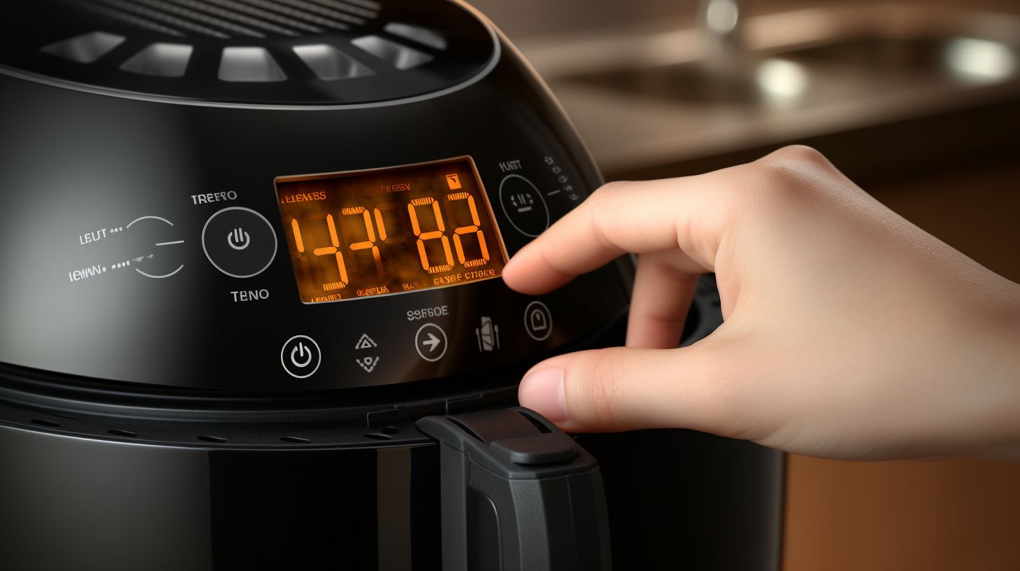 Hand turning the temperature dial on an air fryer to different settings, with clear markings indicating specific temperature levels.