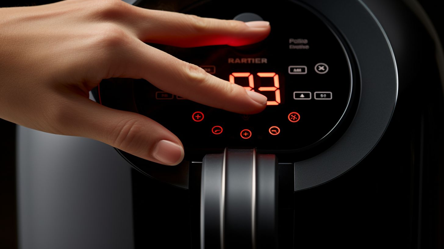 Hand turning the temperature dial on an air fryer, with clear markings and precise adjustments, showing the temperature increasing or decreasing accordingly.