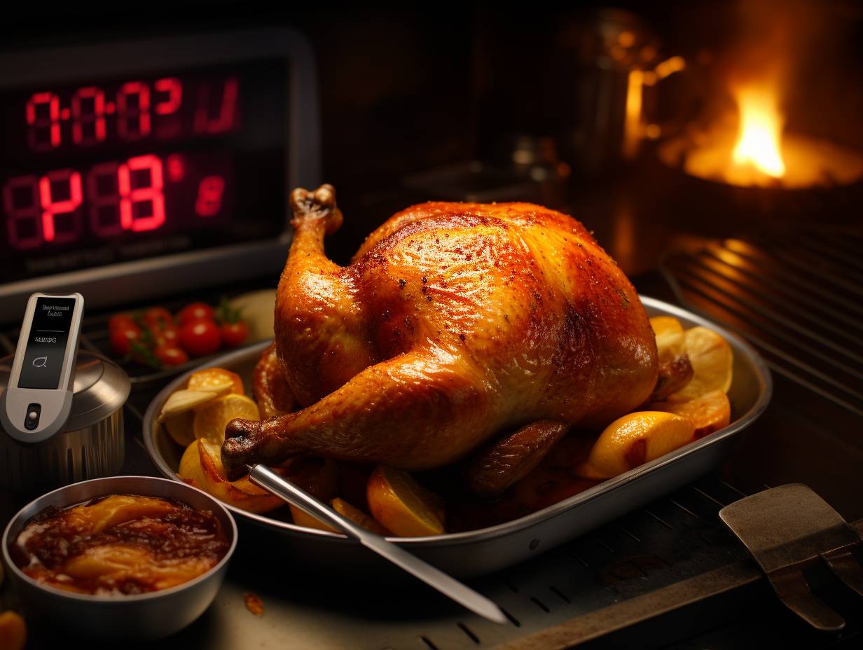 A golden-brown chicken leg in an air fryer with a digital food thermometer inserted into the meat, displaying the ideal internal temperature.