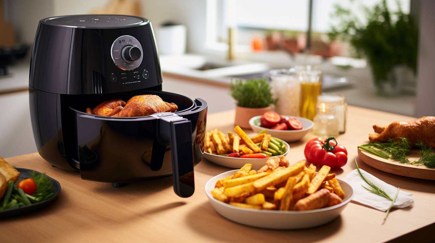 A kitchen countertop with an air fryer in use. The air fryer basket contains colorful vegetables and chicken, perfectly crisped without excessive oil or cooking spray.