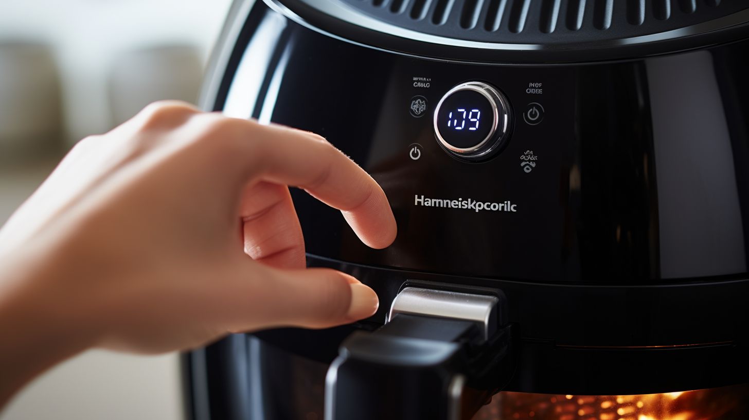 A hand delicately adjusting the temperature dial on a Pampered Chef Air Fryer, with precise markings visible.