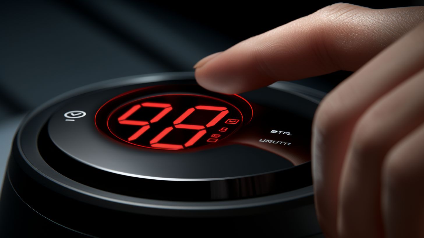 Close-up of a Philips Air Fryer's digital temperature control panel with a finger adjusting the temperature dial to the desired level. The LED display shows the changing temperature.