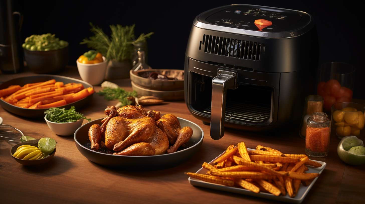 A mouthwatering spread of golden brown chicken wings, crispy sweet potato fries, and perfectly grilled vegetables cooked to perfection in an air fryer.