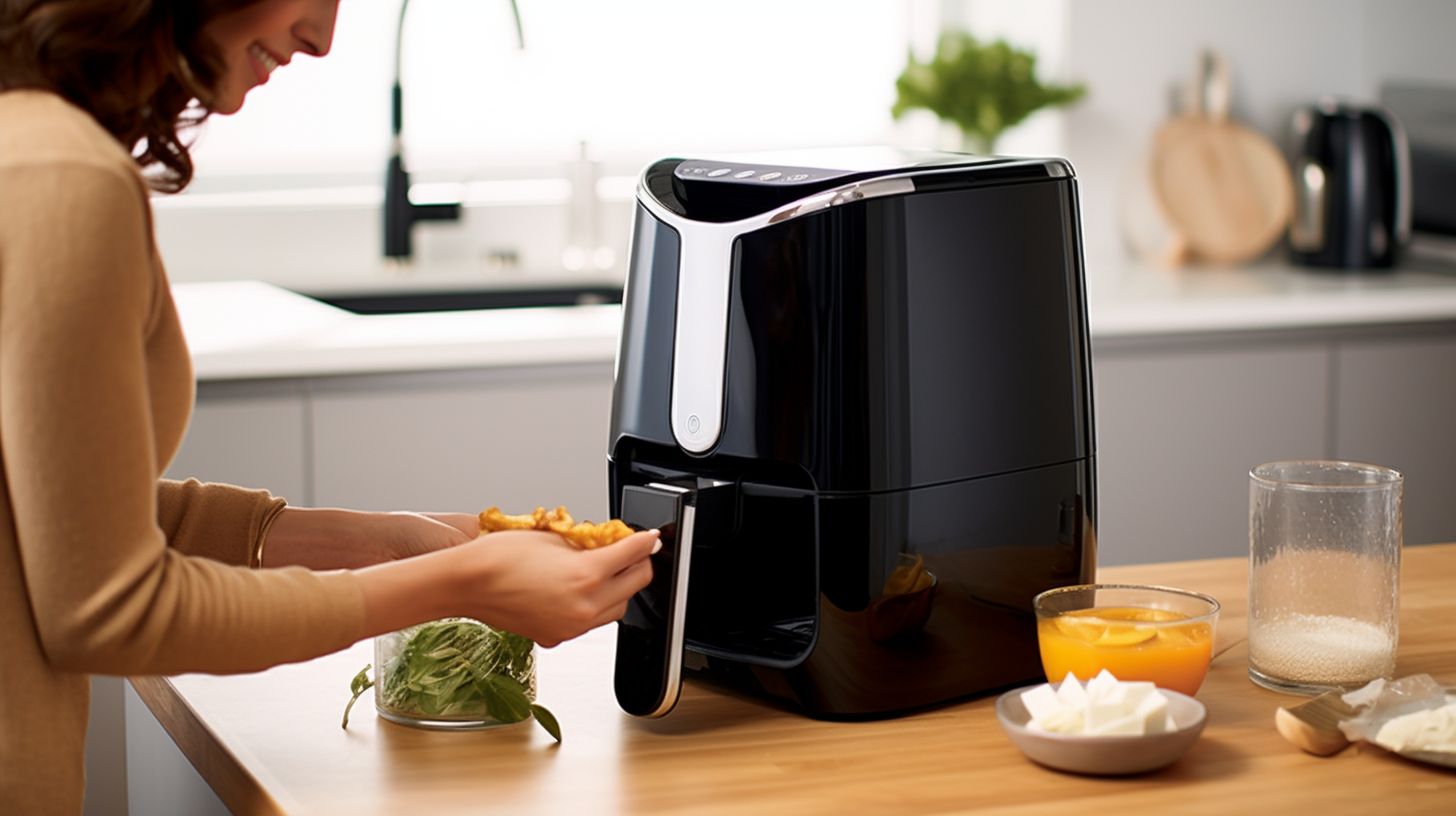 Two people cleaning the Gourmia Air Fryer effortlessly, one wiping the sleek stainless steel exterior and the other delicately cleaning the removable nonstick basket under running water.