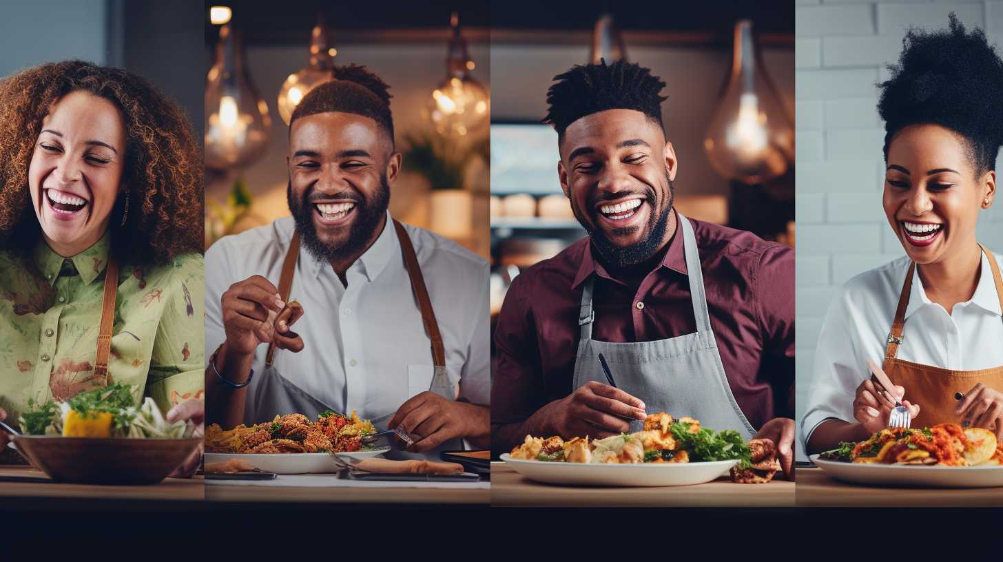 Diverse customers smiling and savoring crispy and perfectly cooked dishes made with Kalorik air fryers.