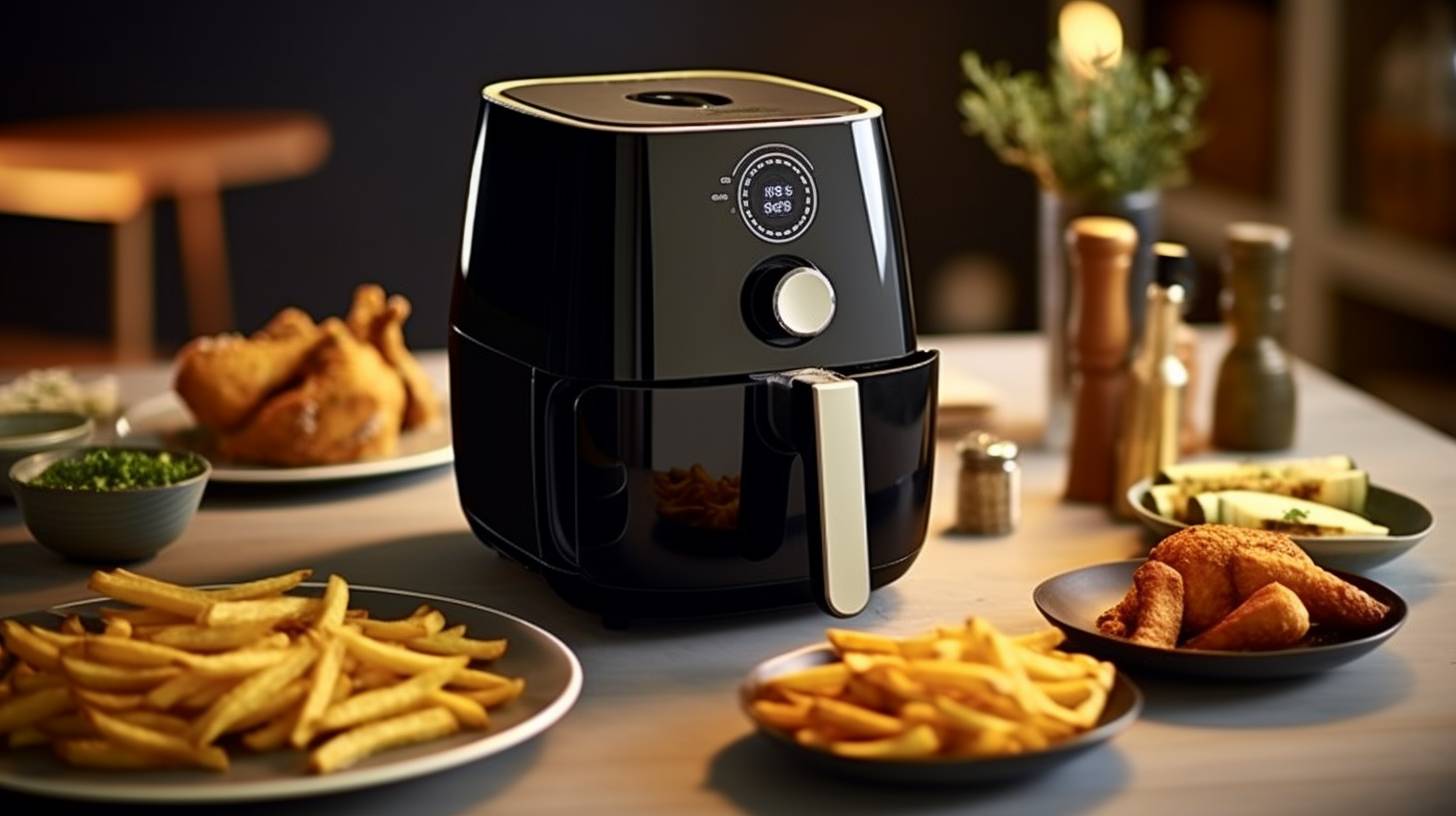 A sleek and modern Kalorik air fryer with a stainless steel exterior, intuitive digital controls, and a basket filled with golden and crispy fries.