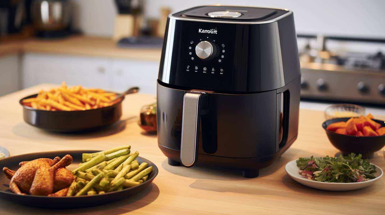 A sleek and modern Kalorik Air Fryer with a large cooking capacity, featuring an easy-to-use digital display and versatile temperature control. A smiling chef is enjoying crispy and healthy meals while presenting a balanced scale symbolizing the pros and cons of choosing Kalorik.