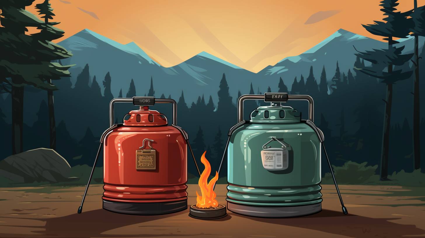 A campsite with two fuel canisters displayed prominently. One canister is filled with propane, easily accessed in nearby camping stores, while the other contains butane, available exclusively through specialized suppliers.