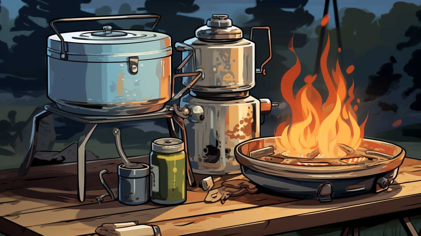 A serene camping scene with a crackling campfire surrounded by various cooking equipment, including both propane and butane stoves.