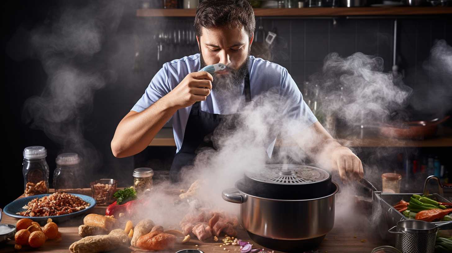 A person preparing food in an air fryer with smoke and fumes rising from it, looking concerned about the potential risks of air frying.