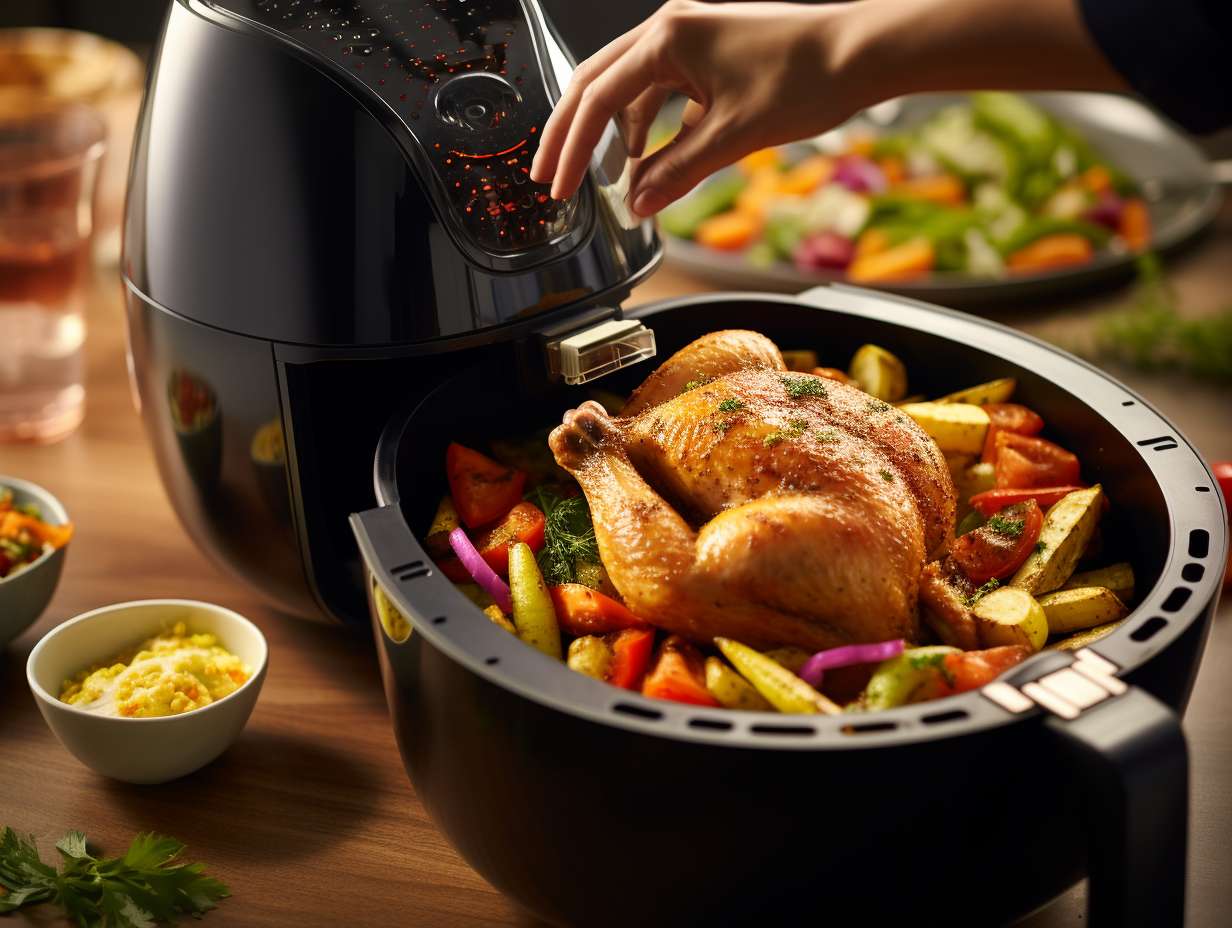 Delicate hands placing a perfectly seasoned chicken breast into a sleek, modern air fryer, surrounded by an array of colorful vegetables waiting to be transformed into a healthy and delicious meal.