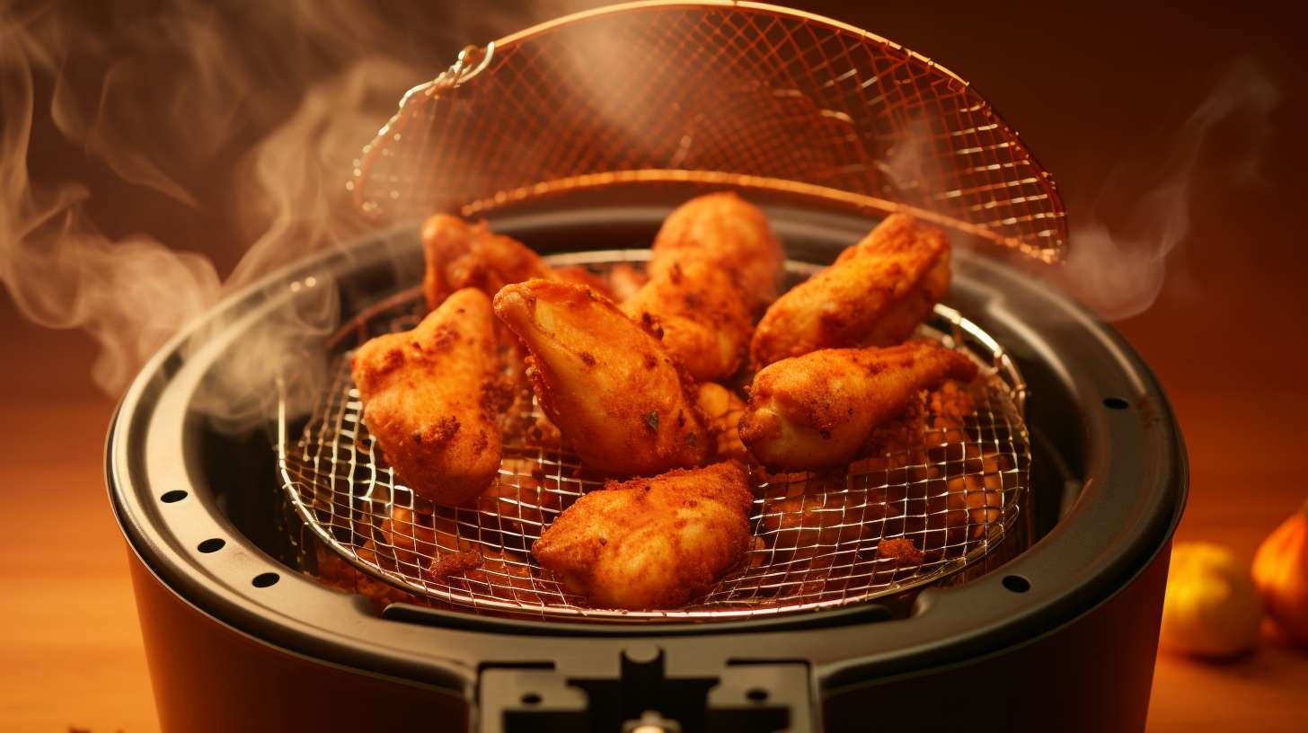 Close-up of an air fryer basket filled with crispy fried foods, highlighting potential health concerns of excessive oil consumption and formation of harmful compounds.