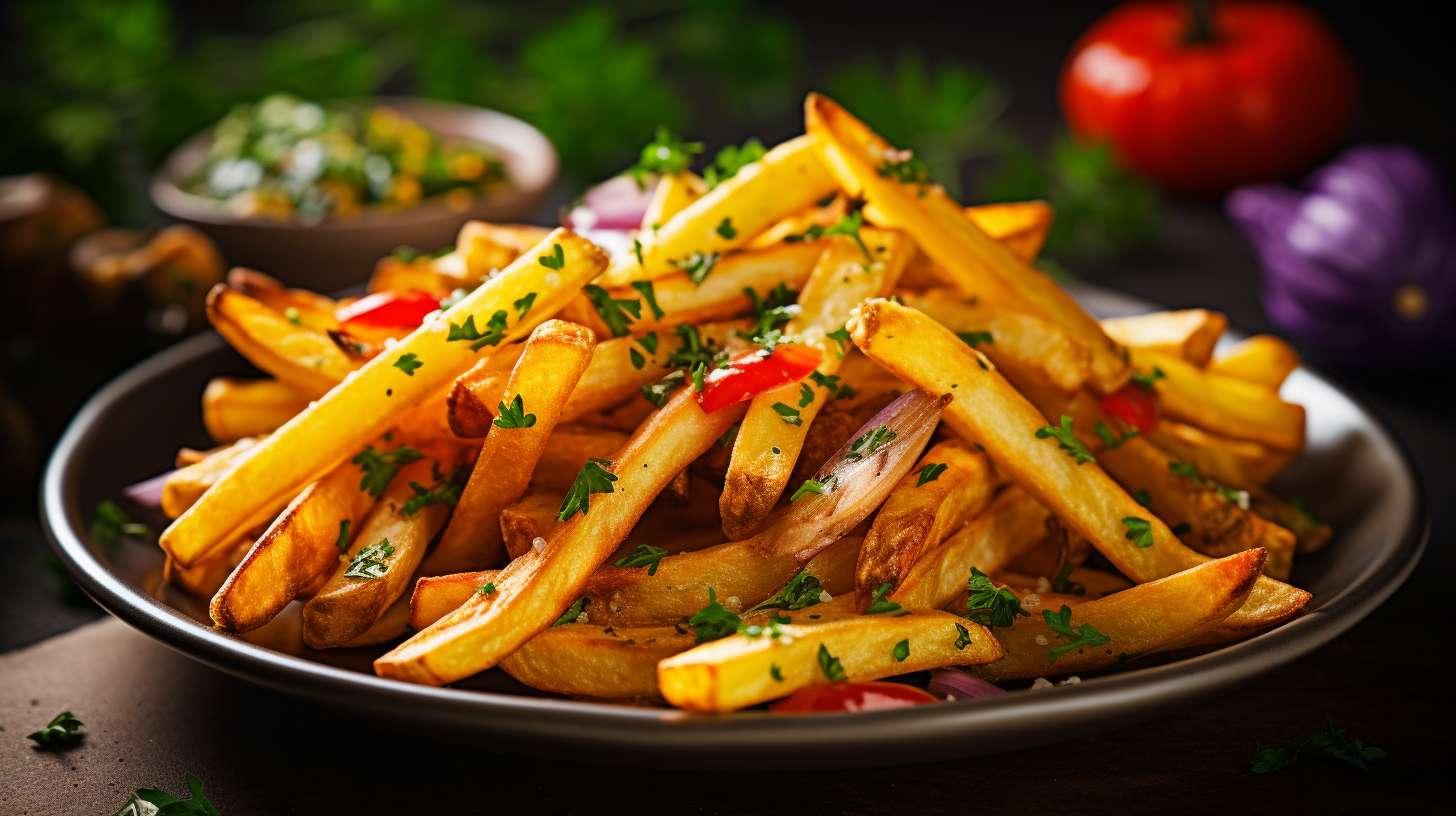 A plate of golden-brown, crispy yet oil-free French fries, glistening with sea salt, arranged next to a colorful medley of fresh vegetables, showcasing the versatility and health benefits of an air fryer.