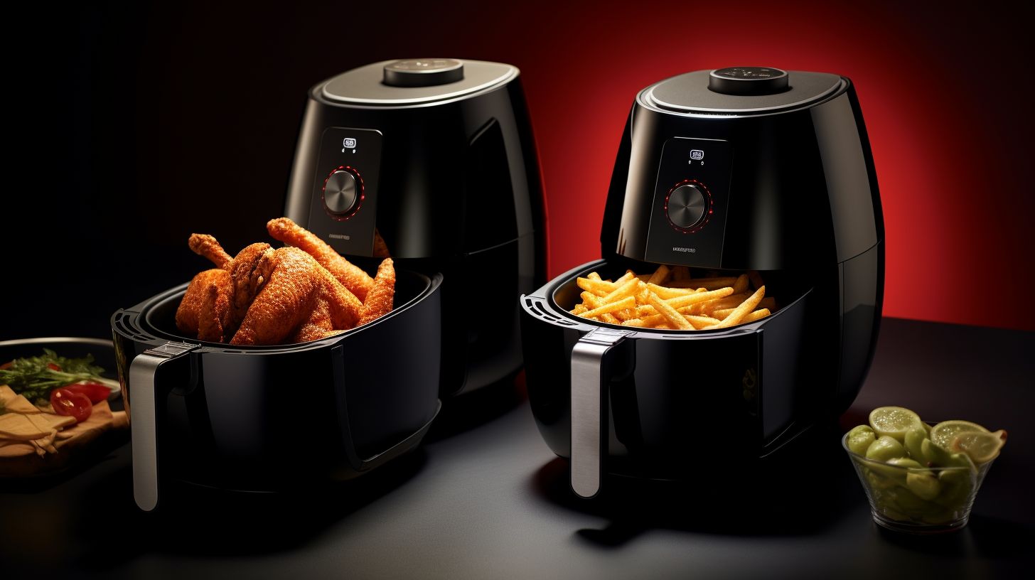 Side-by-side comparison of Kenstar Air Fryer and Philips Airfryer showcasing sleek design, digital touch screens, adjustable temperature controls, and advanced cooking technology.