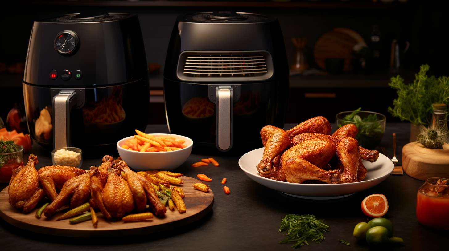 Two sleek, modern kitchen countertops side by side. On one is a Kenstar Air Fryer filled with crispy fries, while on the other, a Philips Airfryer overflows with mouthwatering chicken wings, veggies, and even a cake.