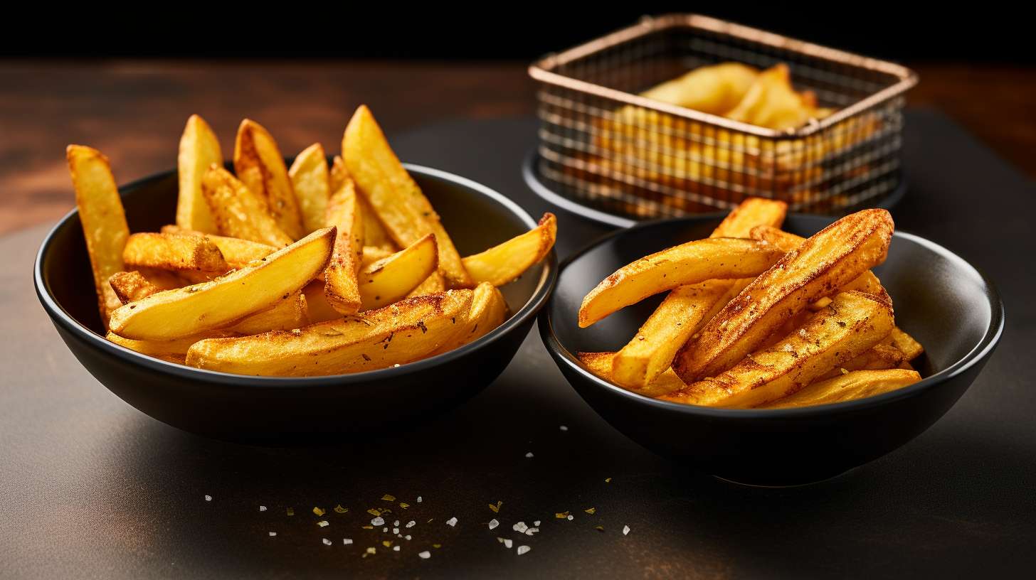 Two perfectly golden and crispy batches of fries, one cooked in a Kmart Air Fryer and the other in an Aldi Air Fryer.