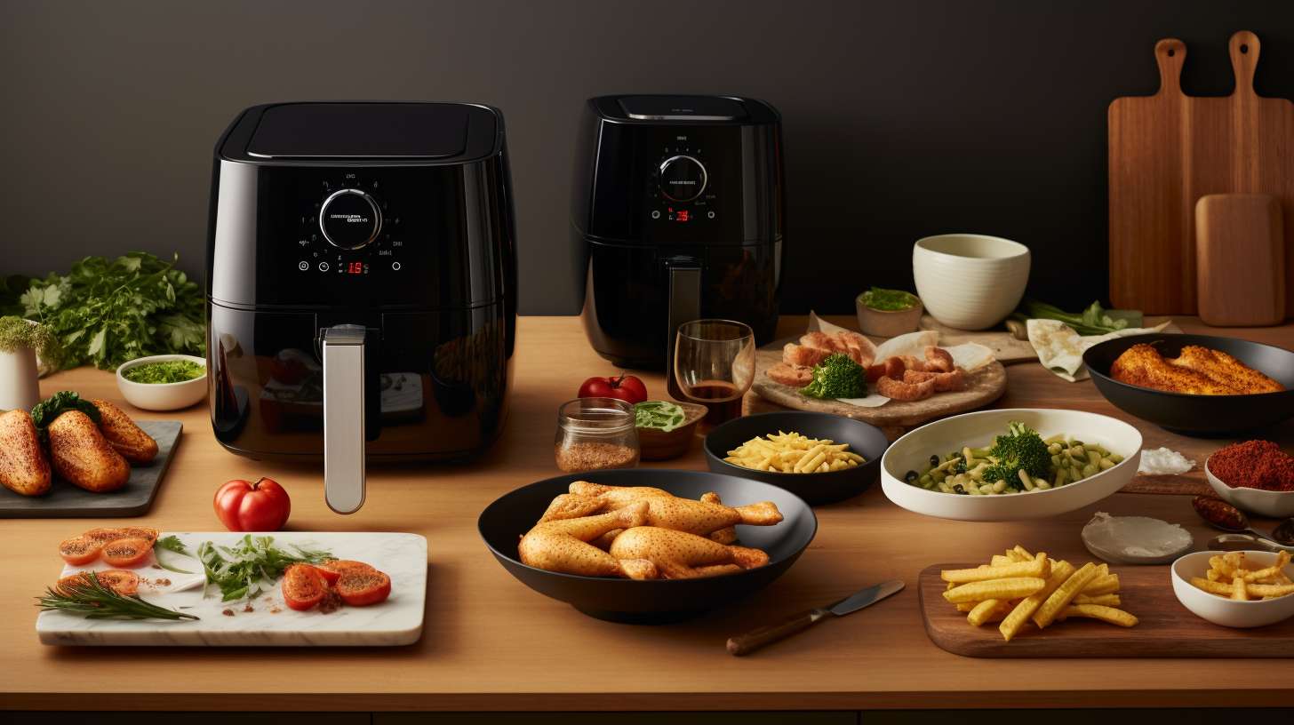 Side by side comparison of Kmart and Aldi air fryers showcasing sleek designs, digital control panels, and spacious cooking baskets, evoking a sense of culinary delight.