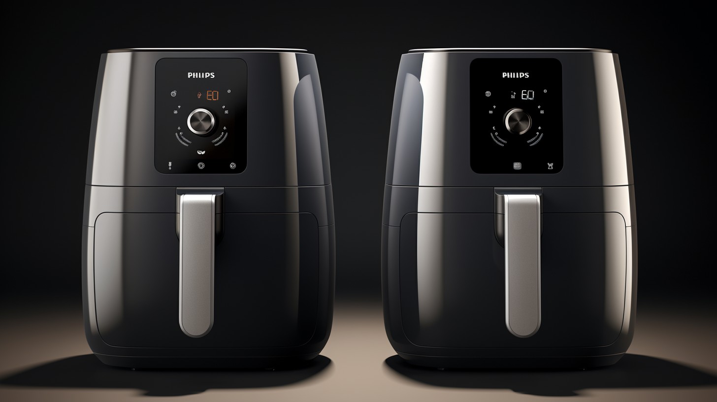 Two sleek and modern air fryers side by side, one in Mayers signature red color and the other in Philips distinctive black and silver finish.