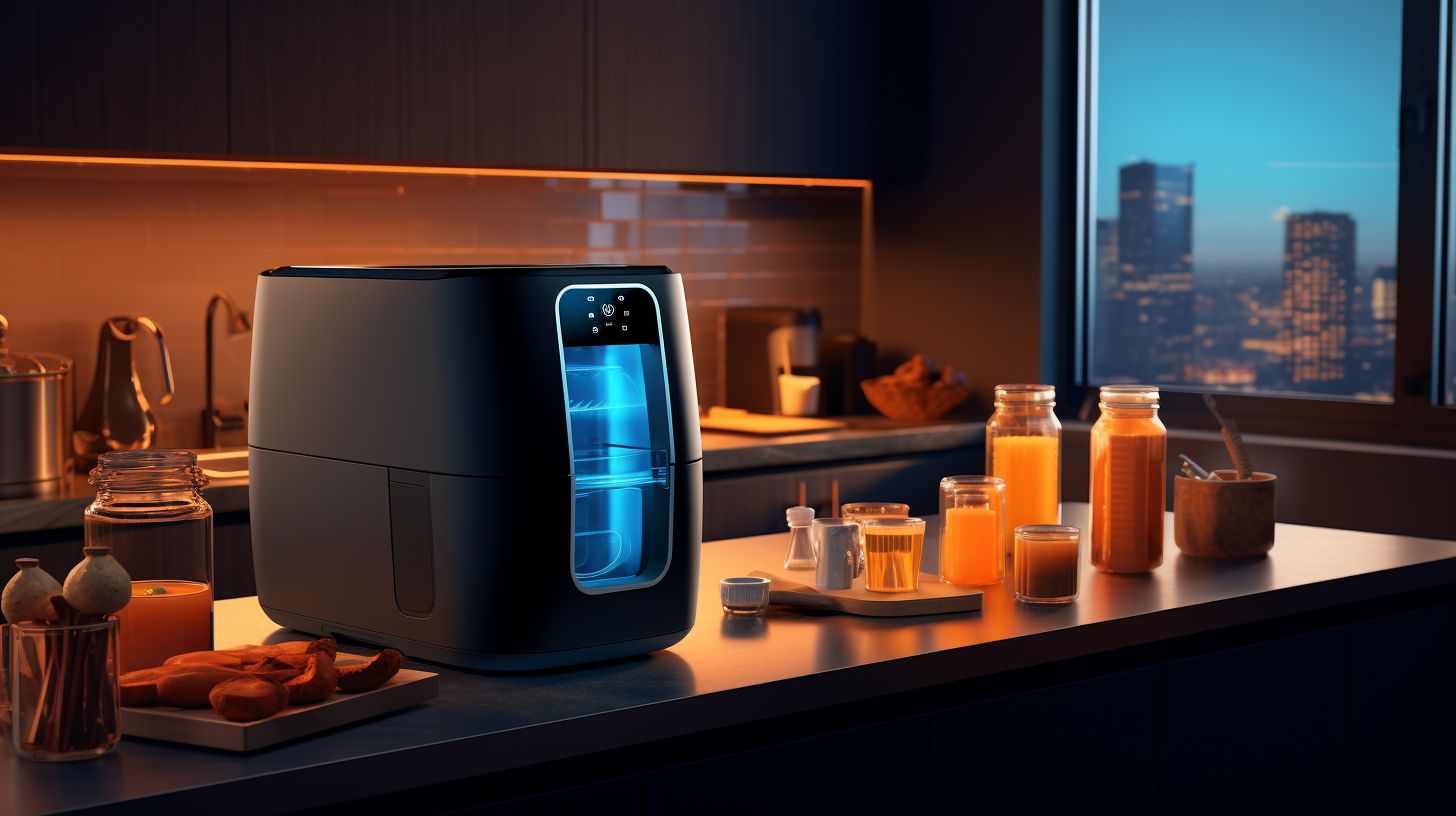 Two sleek and modern kitchen countertops, one adorned with a Midea Air Fryer emitting a warm orange glow, and the other featuring a Philips Airfryer emitting a cool blue light.