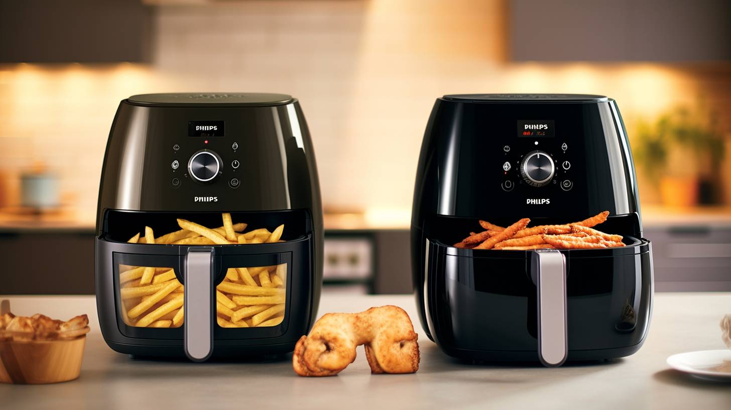 Side-by-side comparison of the Milex Hurricane Air Fryer and the Philips Airfryer, showcasing contrasting design, features, and price points.