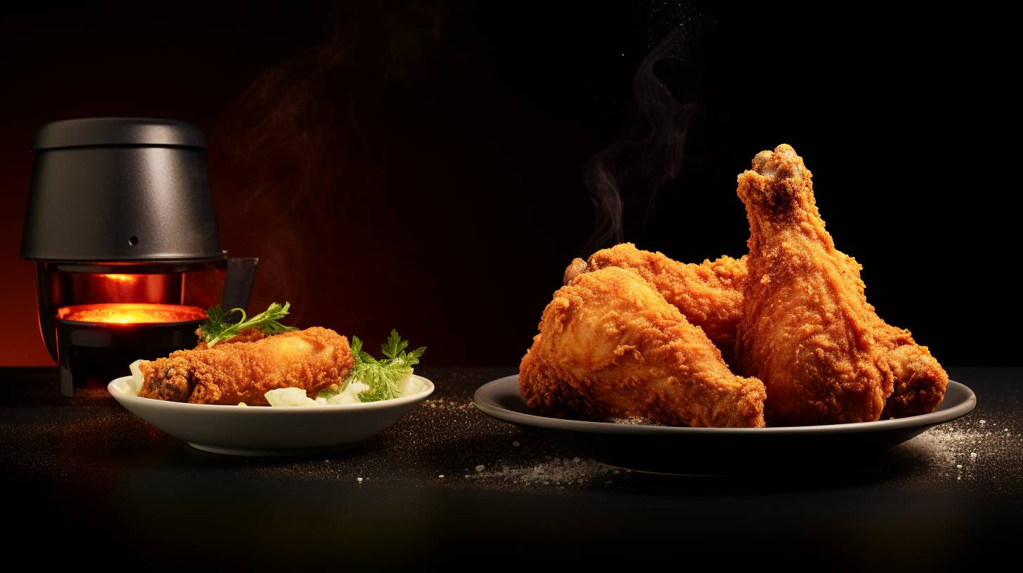 Side-by-side comparison of a perfectly crispy fried chicken drumstick cooked in the Milex Hurricane Air Fryer (left) next to one cooked in the Philips Airfryer (right), showcasing their superior cooking performance.