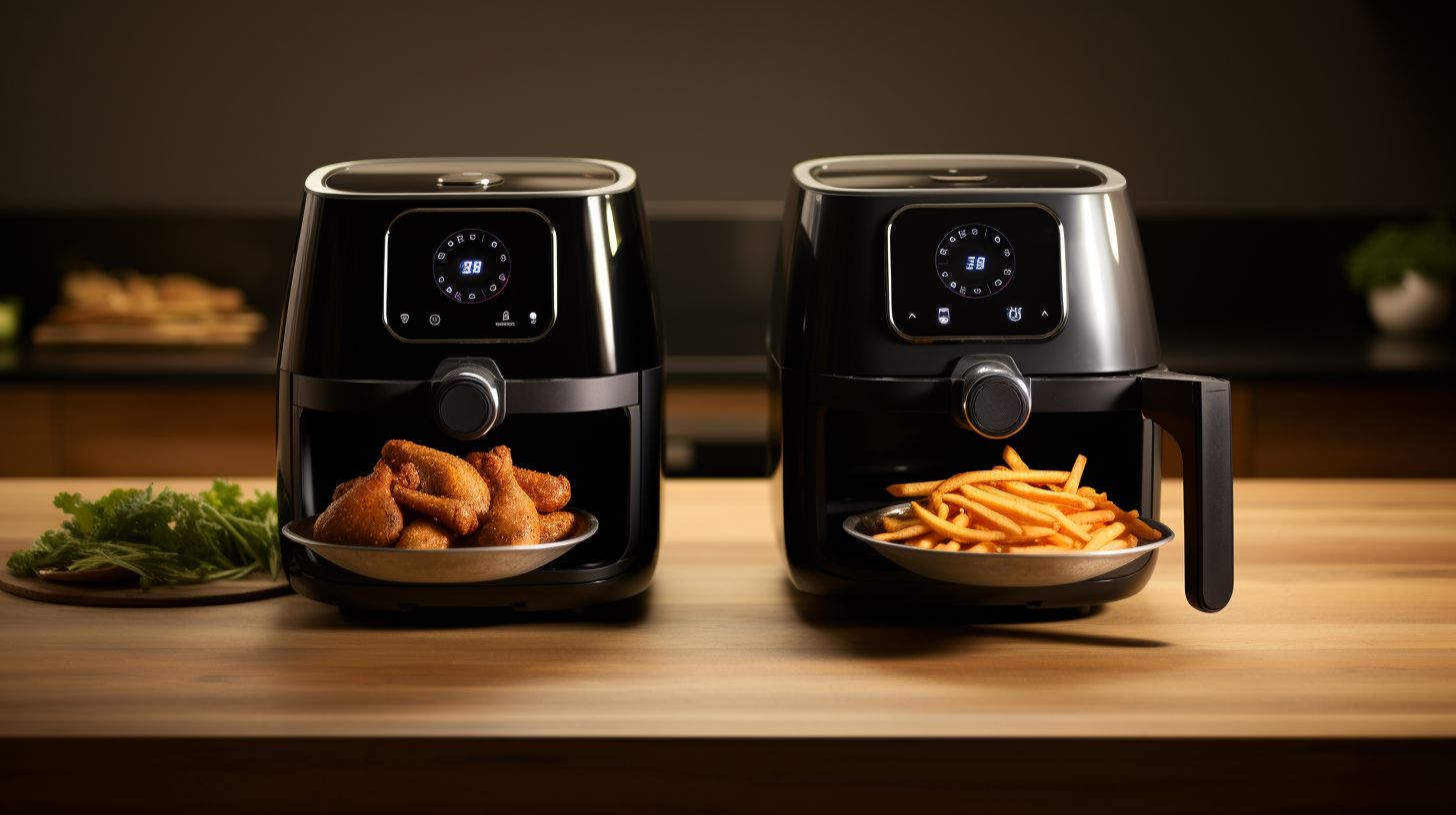 Two air fryers, one Ninja Air Fryer and one Actifry, filled with a variety of delicious dishes, showcasing their cooking capacities.