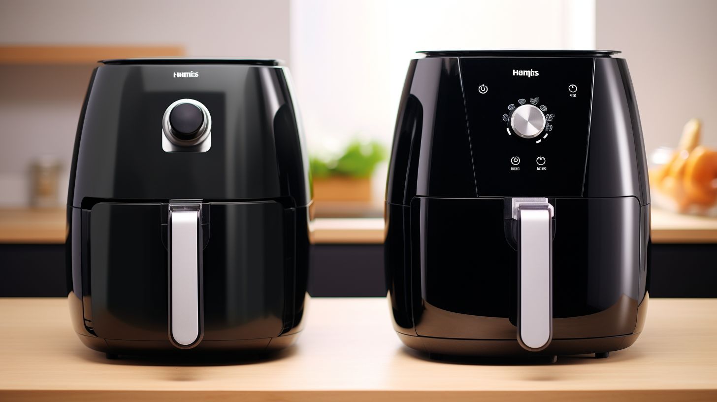 Two sleek modern kitchen appliances side by side - the Ninja Air Fryer with a glossy black exterior and the Actifry with a stylish silver finish.