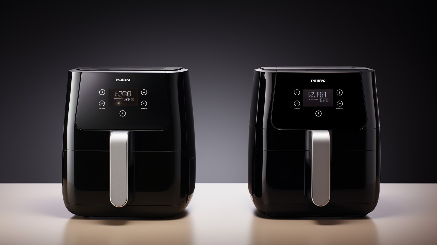 Two sleek and modern air fryers side by side - Oxone Air Fryer with glossy black finish and touch screen display, and Philips Airfryer with brushed stainless steel exterior and digital control panel.