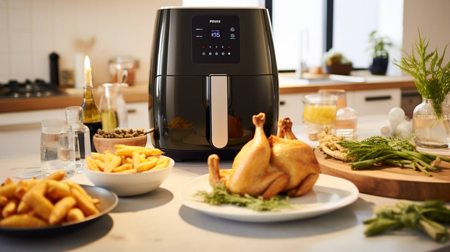 Two sleek, modern kitchen countertops showcasing a Prestige Air Fryer surrounded by crispy, golden fries on one side, and a Philips Airfryer perfectly roasting a succulent chicken on the other side.