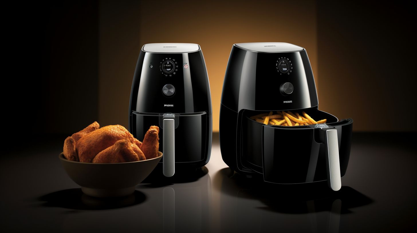 Two sleek and modern air fryers side by side - the Russell Hobbs Air Fryer with brushed stainless-steel finish and the Philips Airfryer in glossy black, showcasing their unique design features.