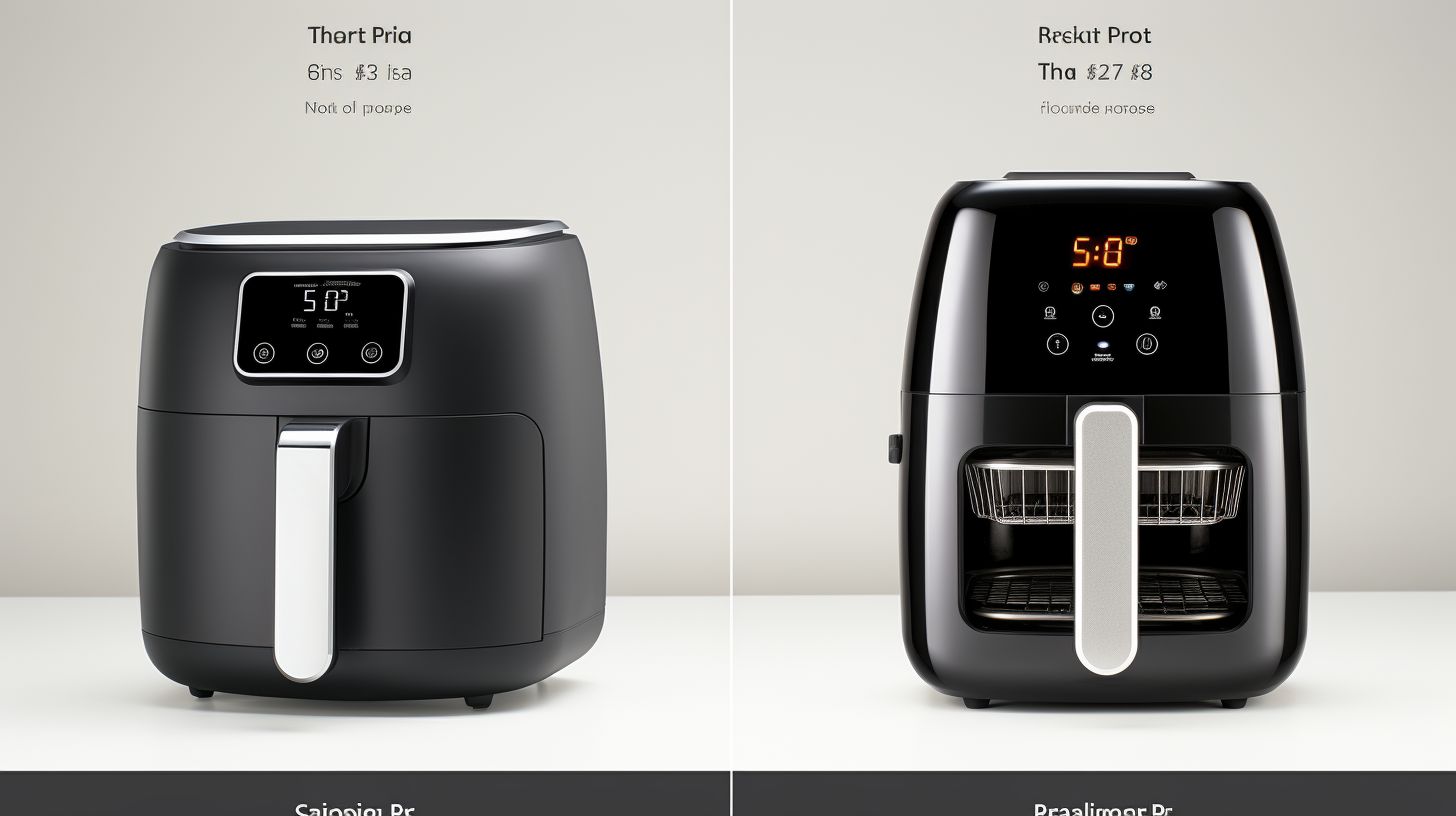 Side-by-side comparison of a budget-friendly stand-alone air fryer and an Instant Pot, showcasing their cost and value with clear price tags, durability indicators, and a variety of cooking options.