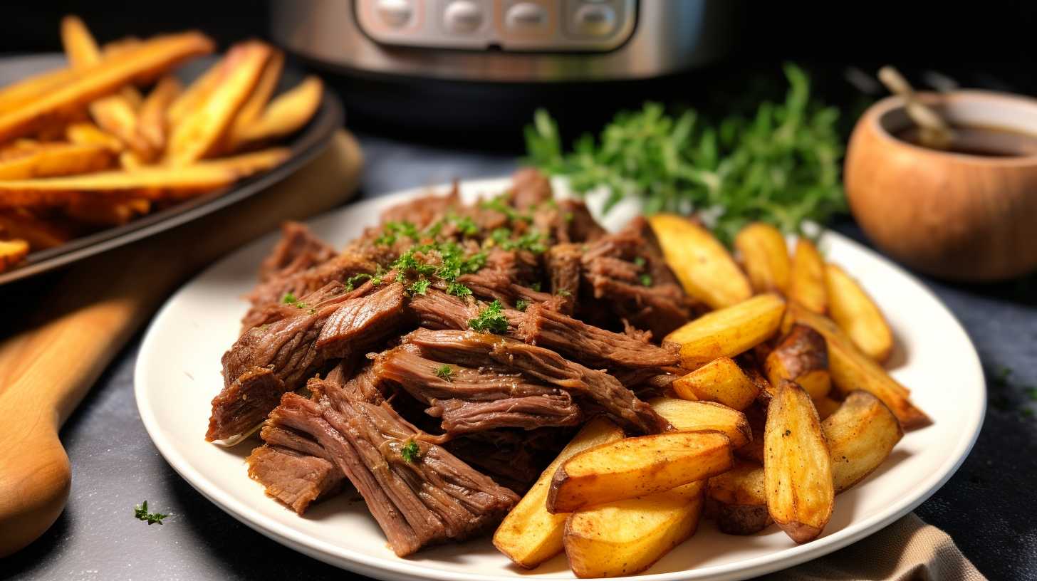 A perfectly golden and crispy batch of fries cooked in an air fryer alongside a tender and flavorful pot roast prepared in an Instant Pot, showcasing their contrasting cooking times and efficiency.